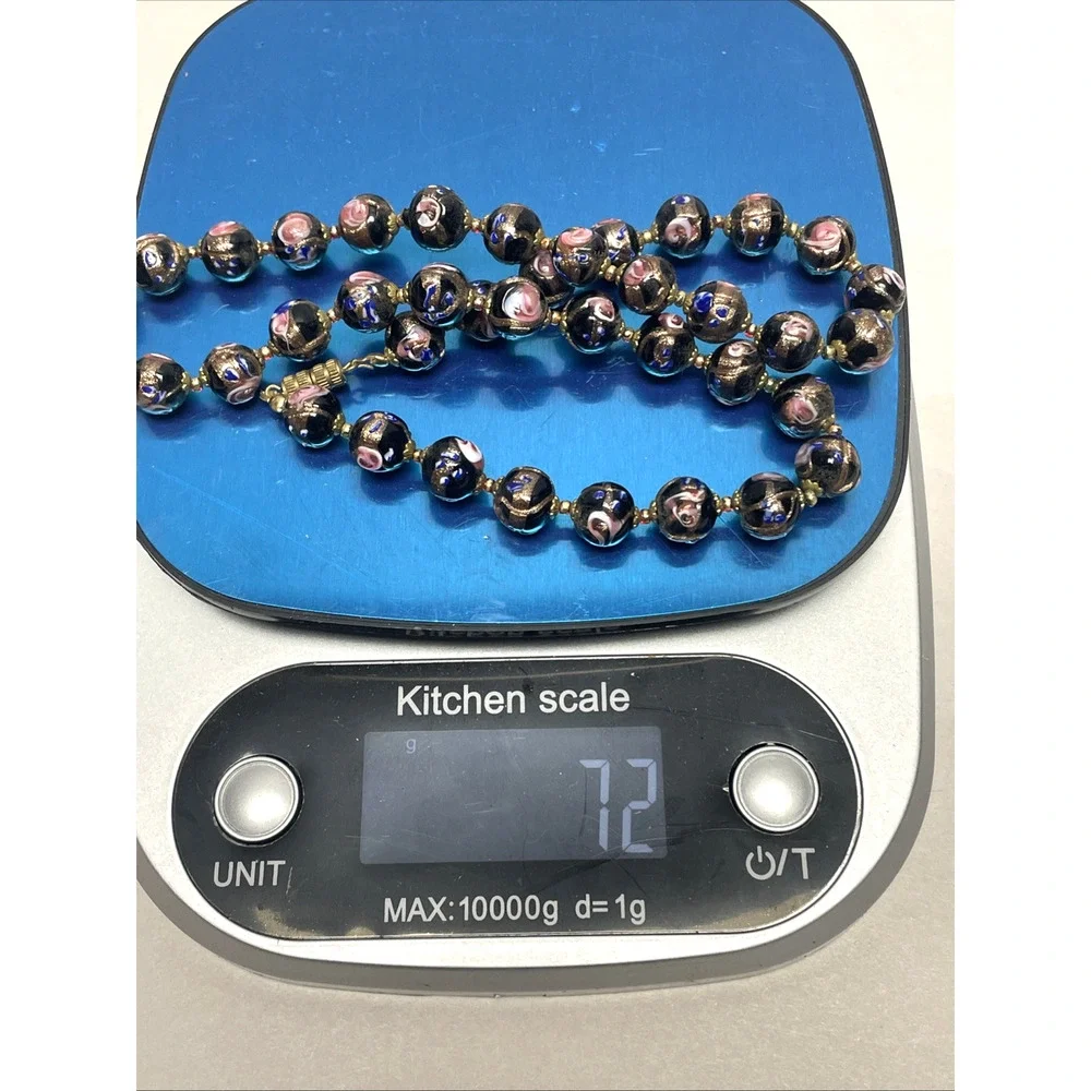 Vintage Venetian Wedding Cake Glass Bead Necklace Black Pink Blue Gold 22 inch